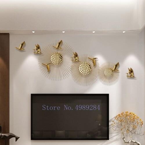 Creativity Metal Wall Decoration Golden Bird Round Background Wall Modern Home Decoration Abstract Flower Hanging Room Decor