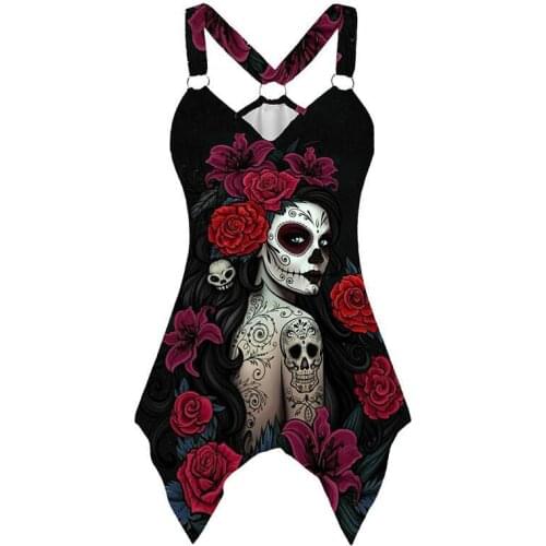 [You're My Secret] Fashion Gothic Printed Skull Tank Tops Women Irregular Hem Sleeveless T-shirt Summer V-neck Vest Camisole