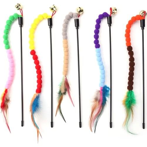 Cat Teasing Stick Colorful Pompom Feather Wand Funny Kitten Teaser Rod Interactive Toys Pet Supplies