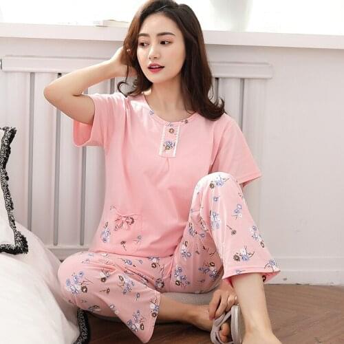 Plus Size 3XL 2 Piece/set Summer Women Sleepwear Full Pure Cotton Pajama Set Short Sleeve Sleepwear Pajamas Suit Female Homewear