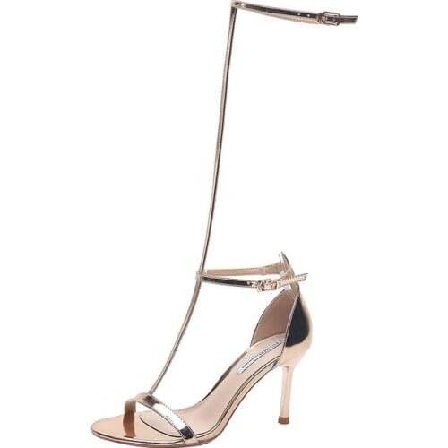 Women sandals PU Buckle Strap 8CM Thin Heels High heels Round Toe Shallow women shoes sandalias mujer 2020 size 35-42 Silver