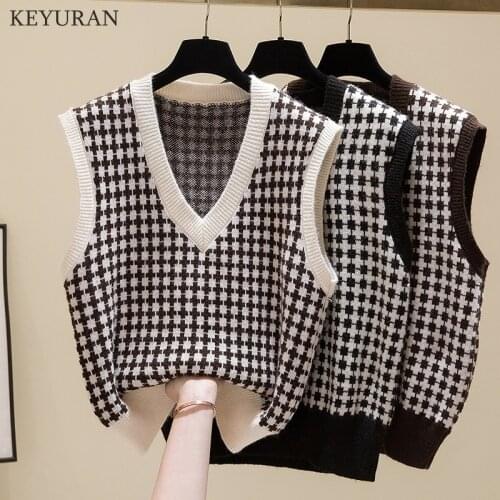 Black White Plaid Knit Sweater Vest Female England Preppy Style Jumpers V Neck Casual Loose Knitwear Y2K Crop Top Autumn 2021