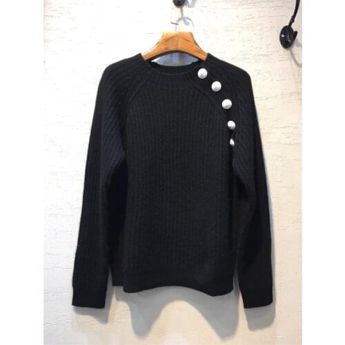 Black Wool Cashmere sweater O Neck Shoulder White Buttons Long Sleeves Woman Oversized Jumper 2020