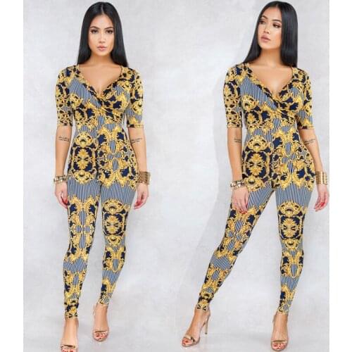 Golden Floral Print Deep V Neck Jumpsuit Women Casual Midi Sleeve Bodycon Rompers Jumpsuit Boho Overall Sexy Bodysuit Culdwear