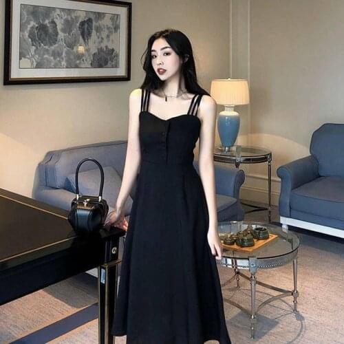 AECU 2021 Summer Dress Cross Spaghetti Strap Solid Black Dress Women V Neck Dresses Off Shoulder Long Party Club Dress