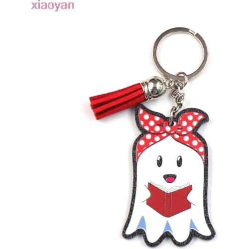 1piece) Ghost Keychain Halloween Gift For Her Black Glitter Reading Book Ghost With Bow Acrylic Keychain
