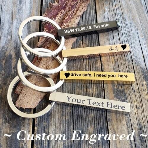 Custom 3D Bar Keychain Stainless Steel Four Side Coordinates Keyring Personalized Engraved Key Chains Women Men Gift