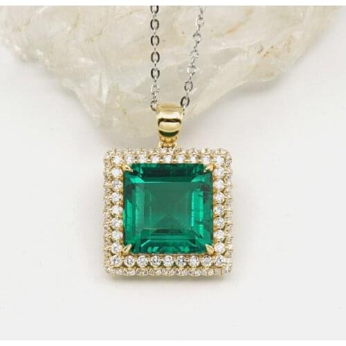 AAA Solid 10K Yellow Gold Emerald Cut Pendant 6ctw Double Halo Moissanite Side Stones Lab Diamond Pendant Necklace for Women