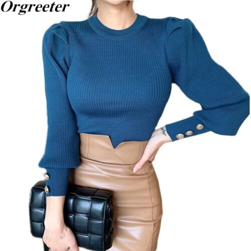 Women Soild Buttons Puff Sleeve Knit Jumper Tops Slim Sweaters All-match bottoming Short Sweater