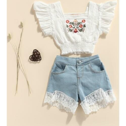 FOCUSNORM 2pcs Summer Fashion Girls Clothes Sets 3-8Y Floral Printed Ruffles Short Sleeve T Shirts Lace Denim Shorts