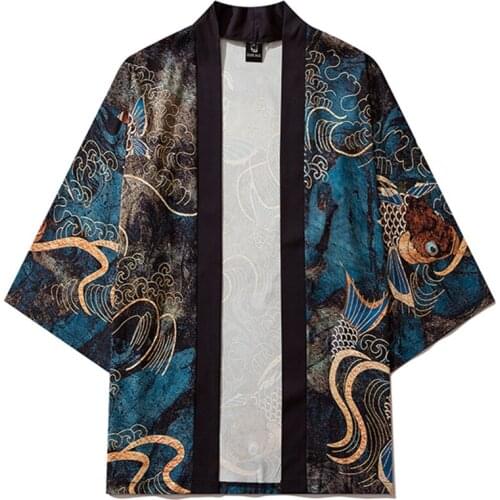 Women Japanese Samurai Yukata Female Men Asian Clothes Kimono Cardigan Shirt Haori Women Traditional Carp Print Kimono Pants Set