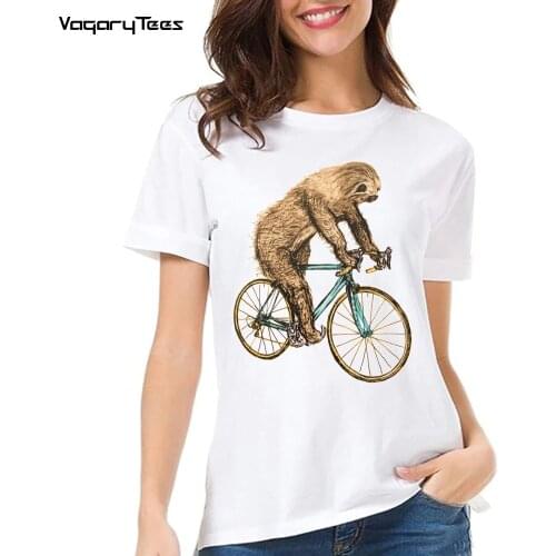 Summer Womens Short Sleeve Sloth Riding Bikes Vintage Print T-Shirt Cute Girl Casual White Tees Funny Animal Lover Design Tops
