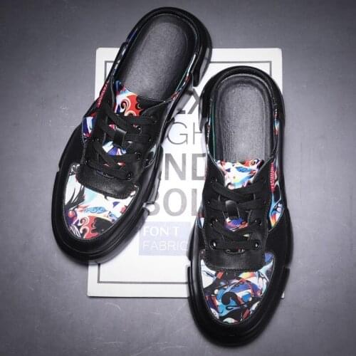 Personality Chinese Printed Casual Cotton Fabric Pathchwork Mens Half Shoes Brand New Lace Up Streetwear Male Platform Sandals