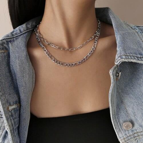 LOVOACC Minimalist Hollow Cuban Chain Necklaces for Women Gold Color Alloy Double Layered Wide Curb Link Chokers Necklace Gift