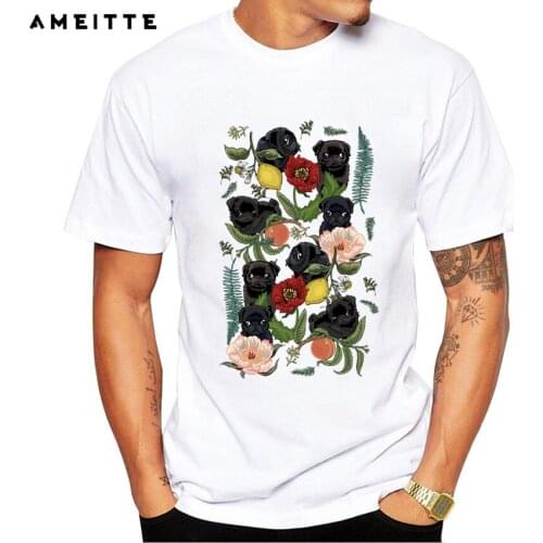 2019 AMEITTE Botanical and Black Pugs T-Shirt Mens Flowers Animals Printed T Shirt Summer Casual Streetwear Tops Tee