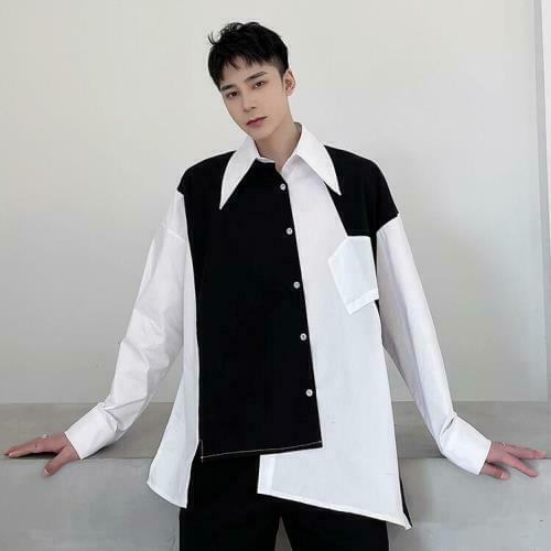Mens Fashion Design Long Sleeve Color Matching Loose Shirt Youth Party Tops 2021