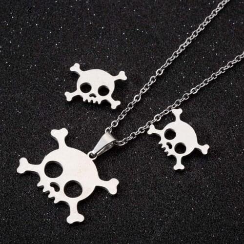 Jisensp Stainless Steel Skeleton Skull Pendant Necklace Earrings Personality Punk Jewelry Set for Women Children Halloween Gift