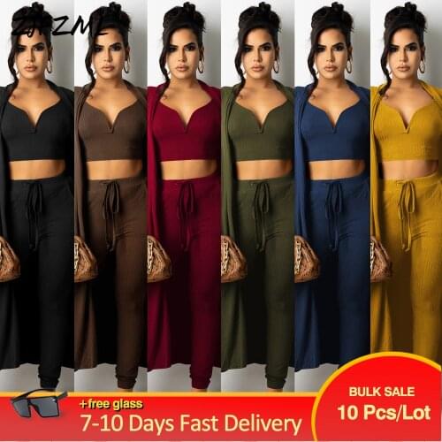 Bulk Items Wholesale Lots Womens Sport Suit Ribbed Knitted Slim Fit Camisole Top+skinny Pant+long Sleeve Open Stitch Outfits