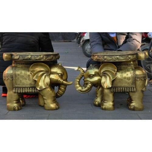 Old Chinese brass Feng Shui auspicious Elephant goldfish statue chair stool pair