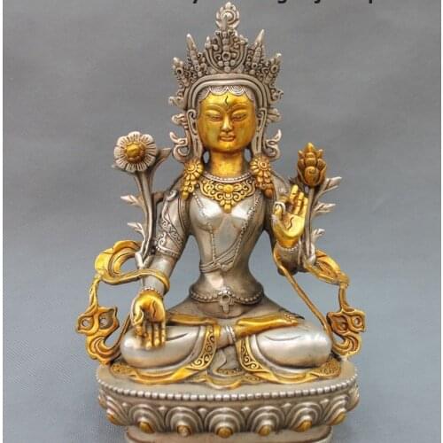 Tibetan Buddhism green White Tara Kwan-yin Tibet silver gilt Goddess Statue H 21CM