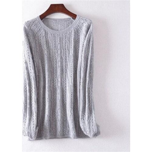 Top grade pure cashmere solid knit women fashion hollow out Oneck pullover sweater M-L retail wholesale