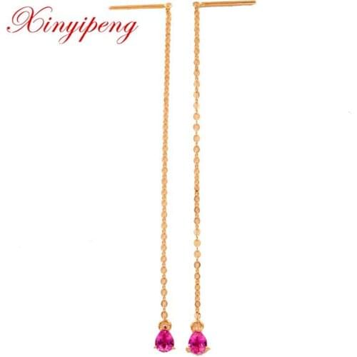 Xin yi peng fine jewelry real 18k rose gold 100% natural pink sapphire female drop earrings for women fine earrings AU750