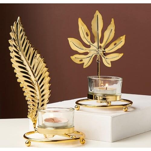 Iron Candle Holders Glass Party Wedding Decorations Candle Candlesticks Gold Metal Plant Leaves Candelabra Table Centerpiece