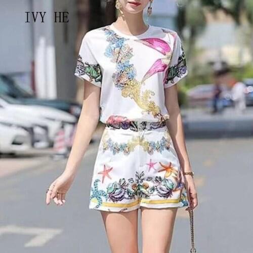 IVY HE High Quality Womens Clothing Summer 2021 Designer Fashion Casual Printed Top Sleeve T-Shirt Womens Shorts Sets 2 Pieces