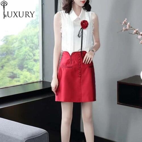 Set High Quality Skirt 2020 Summer Sexy Club 2 Piece Ladies Flower Deco White Tops Blouse+High Waist Red Skirts Suits