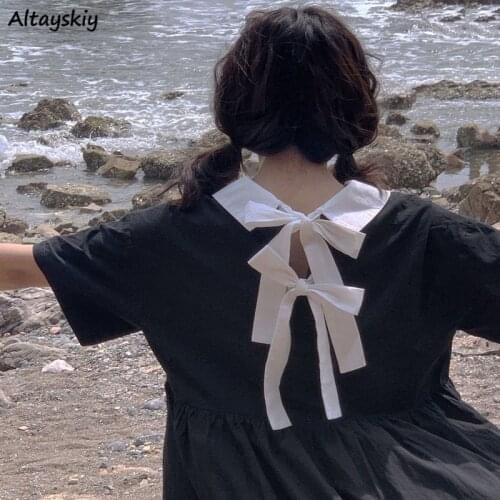 Short Sleeve Dresses Women Bow Hollow Out Japanese Style Preppy Girls Sweet Leisure Daily Empire Loose Fashion Female Students