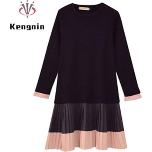 Plus Size 4XL Women Tunic Dresses 2021 Autumn Loose French Style Ladies Vestidos Patchwork Pleated Black Dress Robe KE1687