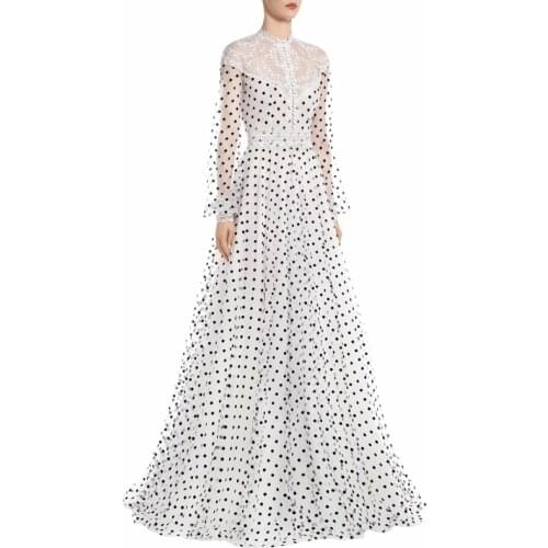 Autumn Vintage Lace Patchwork Polka Dot Maxi Dresses For Women 2020 Runway Designers Long Sleeve Pleated Chiffon Dress