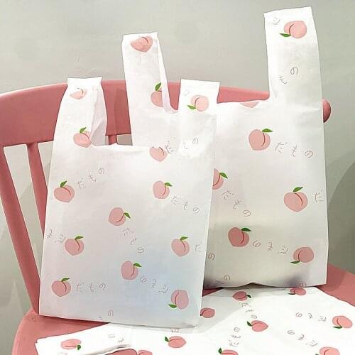 50Pcs Peach Plastic Gift Bags With Handle Take Away Tote Bag Clothing Baking Dessert Packaging Bag Supermarket Shopping Bag