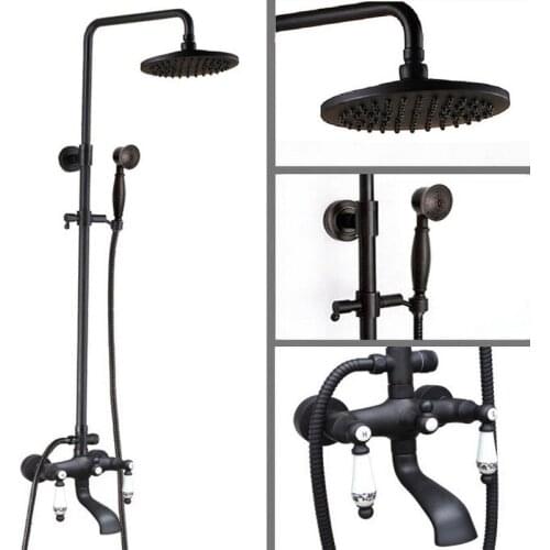 Black Oil Rubbed Brass Wall Mounted Waterfall Rain Shower Faucet Set Dual Ceramic Lever Handle Bathroom Bathtub Water Tap ahg125