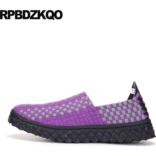 Designer round toe elastic breathable trainers sneakers navy blue purple summer chinese flats slip on lightweight woven shoes