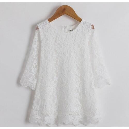 Girls Three Quarter Dress Kids Spring White Lace Embroidery Floral Princess Dress Children Wedding and Birthday Party Ball Gown