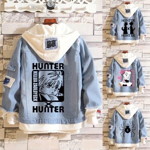 HUNTER x HUNTER Cartoon Printed Cosplay Jeans Jacket Unisex Harajuku Long Sleeve Denim Hooded Sweatshirt Outwear Coat C65M194