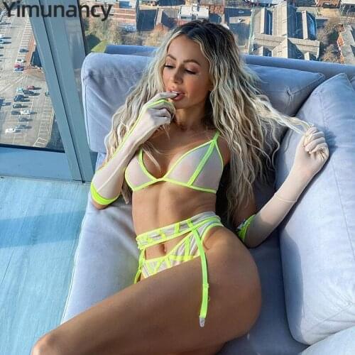 Yimunancy 3-Piece Lace Bra Set Women Transparent Bra + Panty Underwear Set Ladies Sexy Lingerie Set