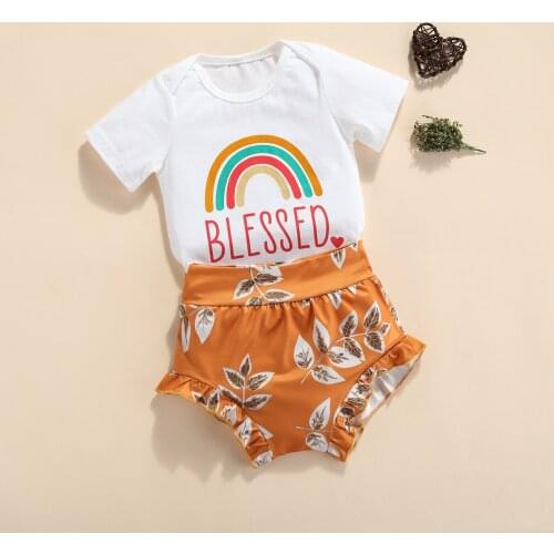 2PCS Summer Newborn Kids Baby Girls Clothes Rainbow Printed Romper Tops + Shorts Outfits Casual Baby Boys Clothing Set