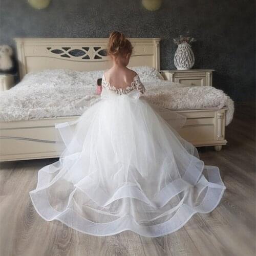 Beautiful Toddler Baby Girls White Long Sleevess Lace Tulle Girls Wedding Birthday Party Dresses Flower Dresses Gowns 2021