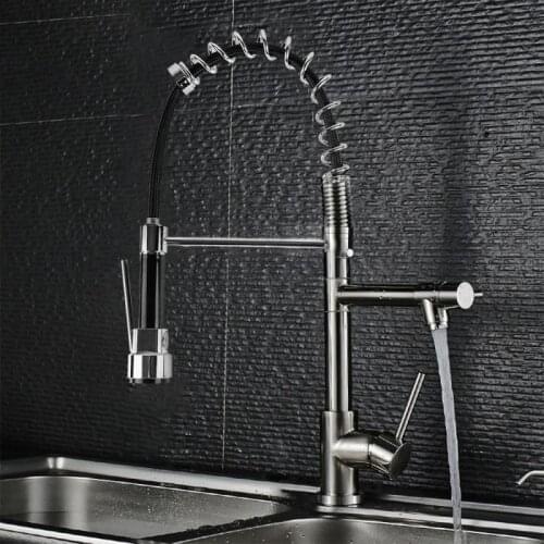 Black Silver Dual Spout Kitchen Faucet Single Handle Spring Pull Water Taps Rotatable Kitchen Handheld Sprayer Deck Mounted HWC