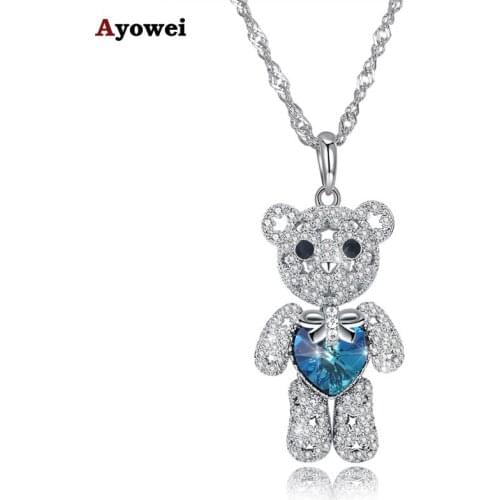 Ayowei bear shape 925 sterling silver blue zircon pendant necklace birthday gift SP72A