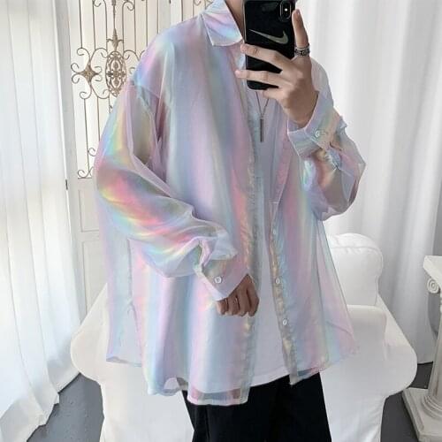 Mens Reflective Shiny Loose See-through Shirt Thin Sunscreen Mixed Color Top Outwear