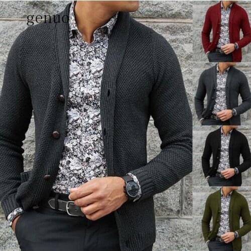 2020 New Mens Slim Fit Turn Down Collar Cardigan Outerwear Male Solid Color Knitted Cardigans Autumn Casual Sweaters Knitwear
