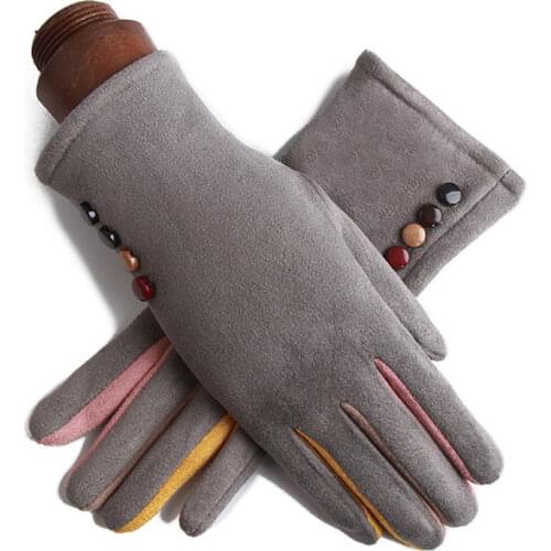 Winter Female Single Layer Warm Cashmere Full Finger Button Cycling Mittens Women Suede Leather Touch Screen Driving Gloves J23