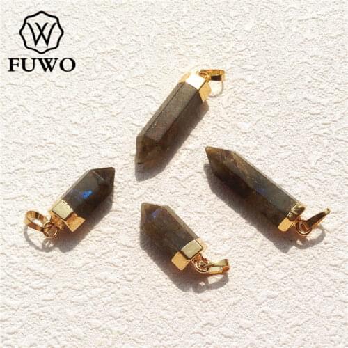 FUWO Labradorite Point Pendant 24K Gold Electroplated High Quality Spike Shape Natural Quartz Stick Jewelry Wholesale PD122