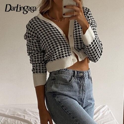 Darlingaga V Neck Vintage Houndstooth Autumn Cardigan Knitted Sweater Fashion Cropped Jacket Plaid Sweaters Winter Clothes Women