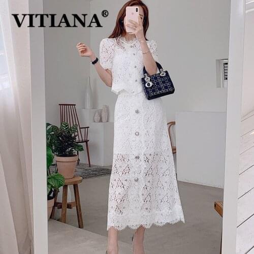 VITIANA Women Formal Office 2 Pieces Sets 2020 Summer Fashion Short Sleeve Hollow out Lace Female two piece set top and Skirts