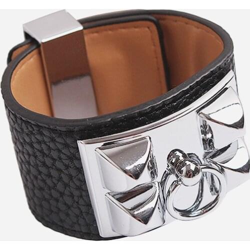 High Quality Punk Style Silver Gold Color Stainless Steel Rivet Design Wide PU Leather Bangle For Men Women Hot Brand Jewelry