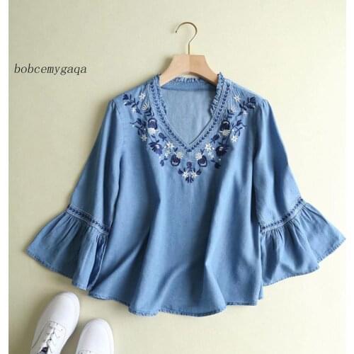 Embroidery Denim Blouse Women Summer Autumn V Neck Flare Sleeve Blouse Floral casual Jeans ruffled denim blouse